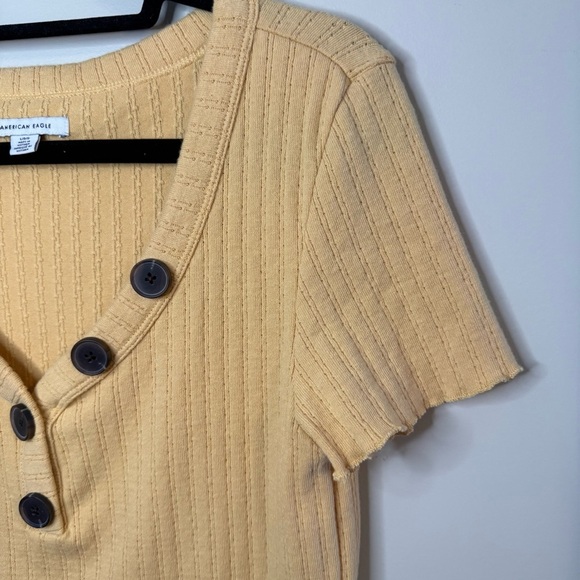 AE Yellow Button V Neck Ruffle Edge Sweater Top Pointelle L - Picture 6 of 9
